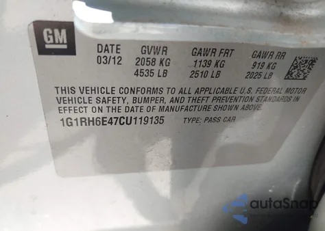 2012 Chevrolet Volt из США, поврежденный, VIN 1G1RH6E47CU119135